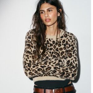 Zara Womens Leopard Print Fuzzy Knit Cropped Sweater Tan Brown Black Small NEW